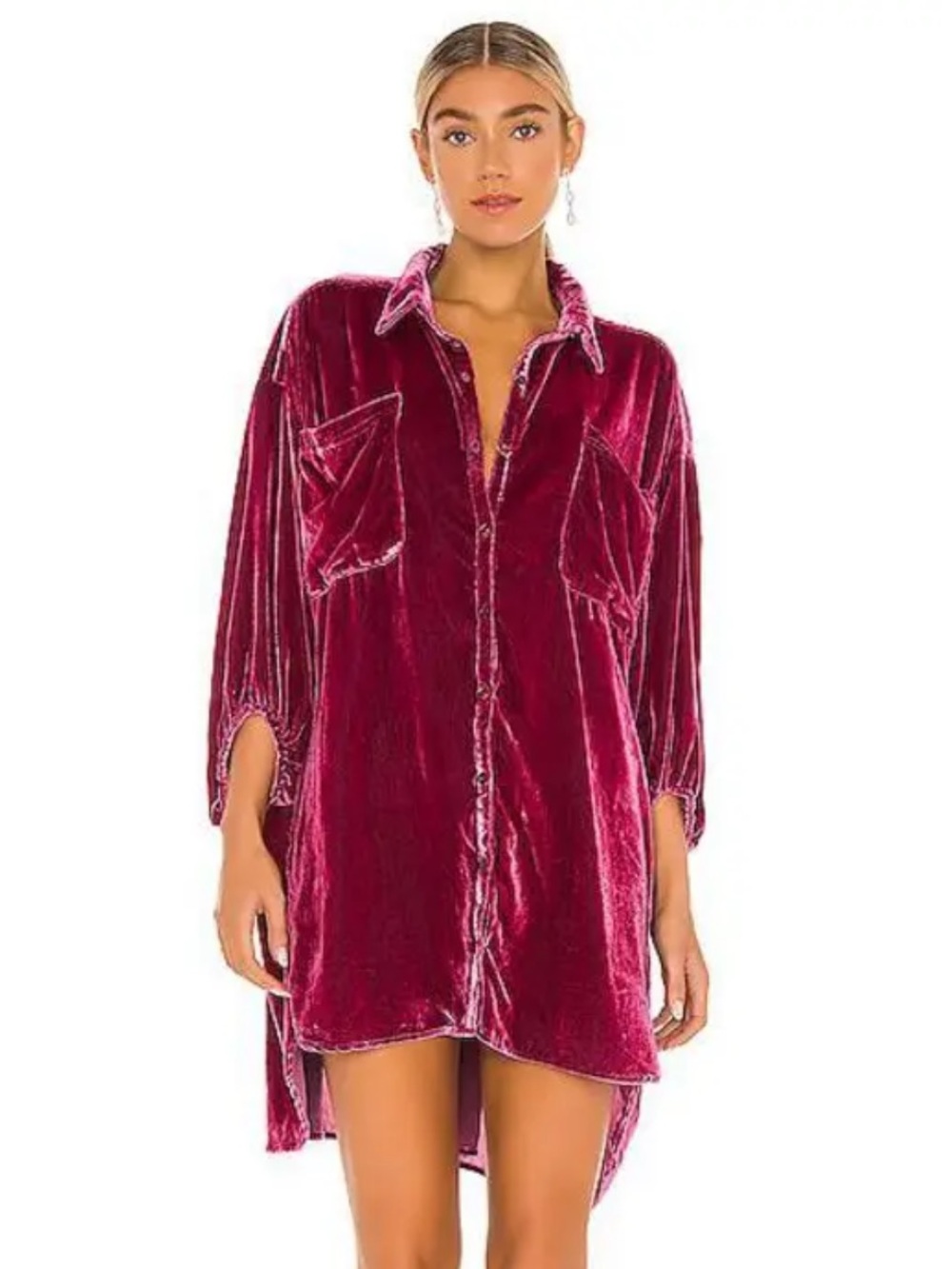 Free People Oversized Velvet Shirt Dress in Raspberry